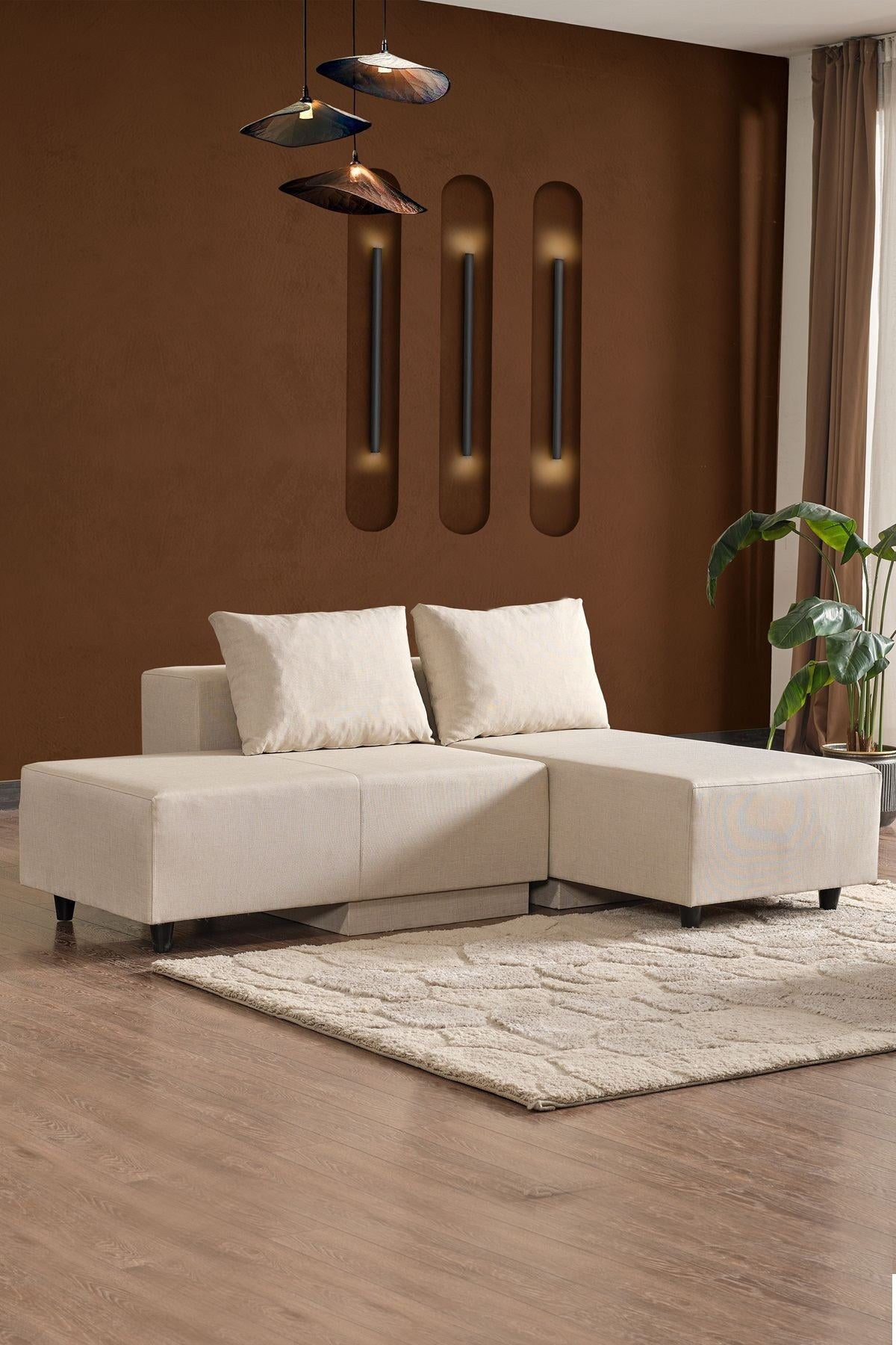 Beiges Ecksofa Poly M von Hanah Home mit Leinenstruktur-Stoffbezug und Metallgestell, Sitzhöhe 42 cm, modernes schlichtes Design.