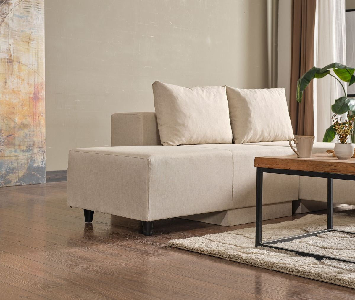 Beiges Ecksofa Poly M von Hanah Home mit Leinenstruktur-Stoffbezug und Metallgestell, Sitzhöhe 42 cm, modernes schlichtes Design.