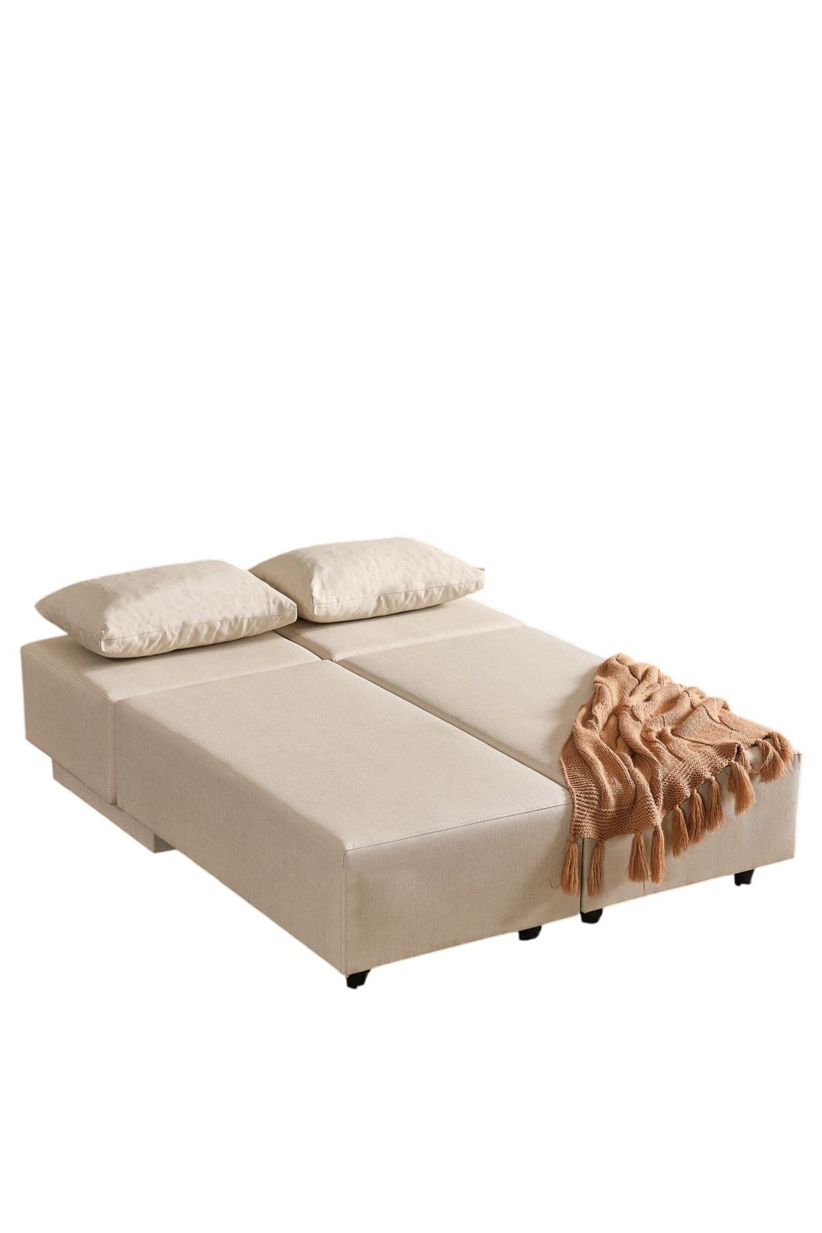 Beiges Ecksofa Poly M von Hanah Home mit Leinenstruktur-Stoffbezug und Metallgestell, Sitzhöhe 42 cm, modernes schlichtes Design.