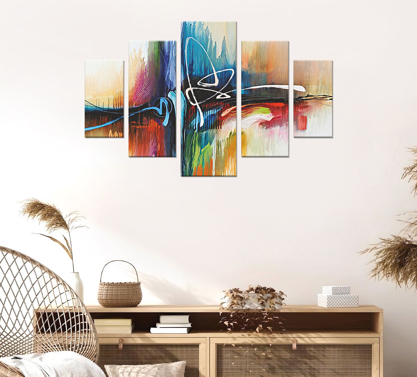 Entdecken Sie das fesselnde 5-teilige MDF-Gemälde ST276 von Wallity. Verleihen Sie Ihrem Raum mit lebendigen Farben und einzigartigem Design eine kreative Note.