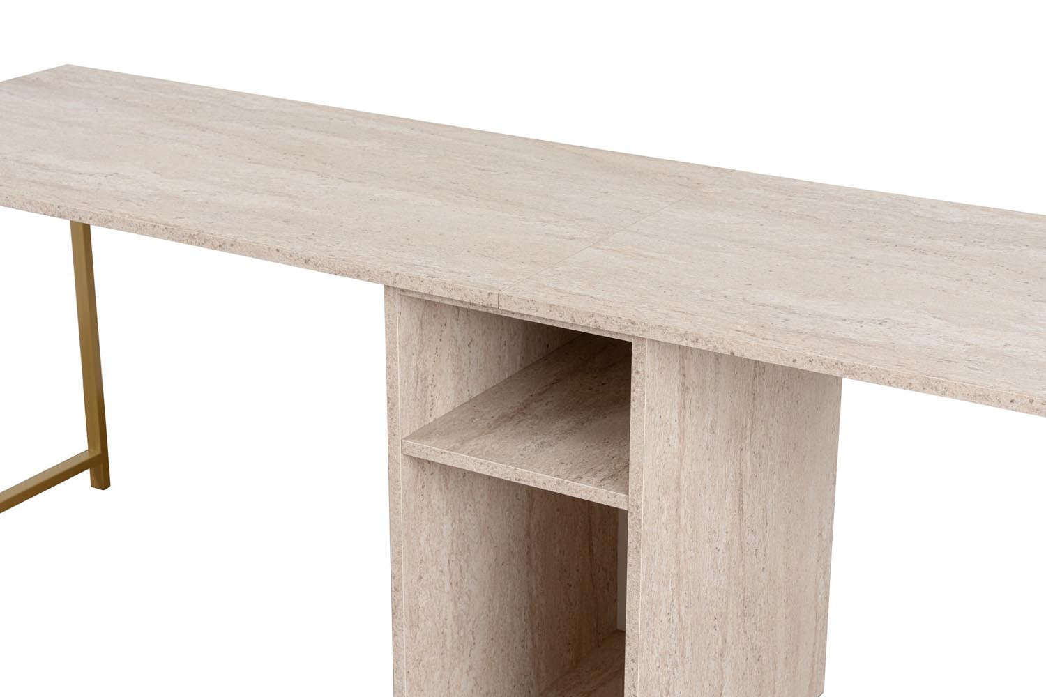 Entdecken Sie den Twin Study Desk in Travertin Gold von Nordure – ein stilvoller Schreibtisch, der Eleganz und praktische Organisation für Ihr Arbeitsumfeld bietet.