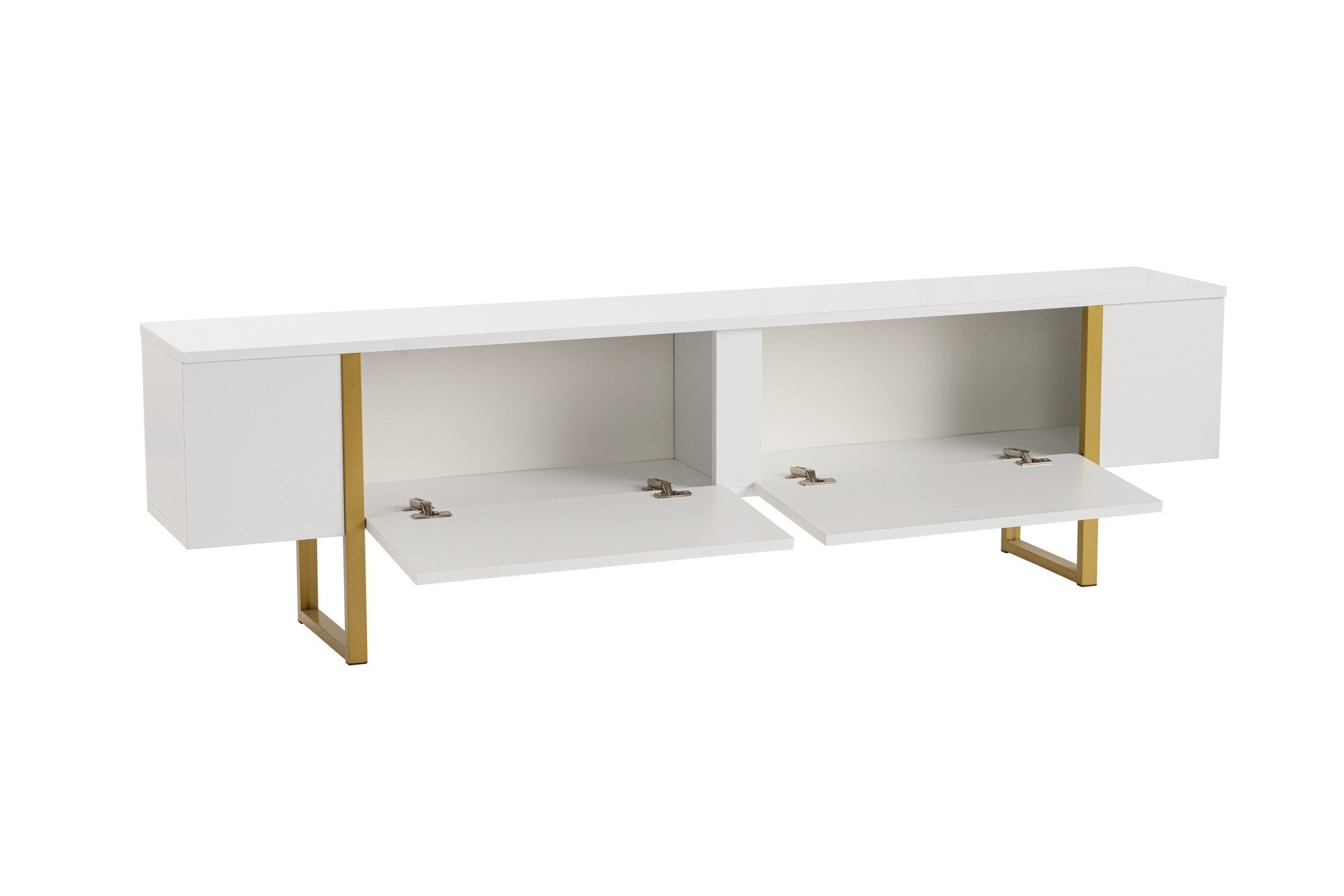 Erleben Sie das Serenity Sideboard von Nordure in elegantem Weiß und Gold. Ideal für ein modernes Wohnzimmer und stilvolle Aufbewahrung.