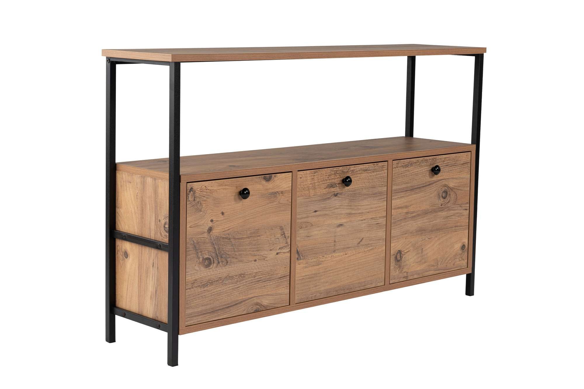 Verleihen Sie Ihrem Raum mit dem Solace High-Sideboard aus schwarzer Atlantischer Kiefer von Nordure einen Hauch von Eleganz und Funktionalität.