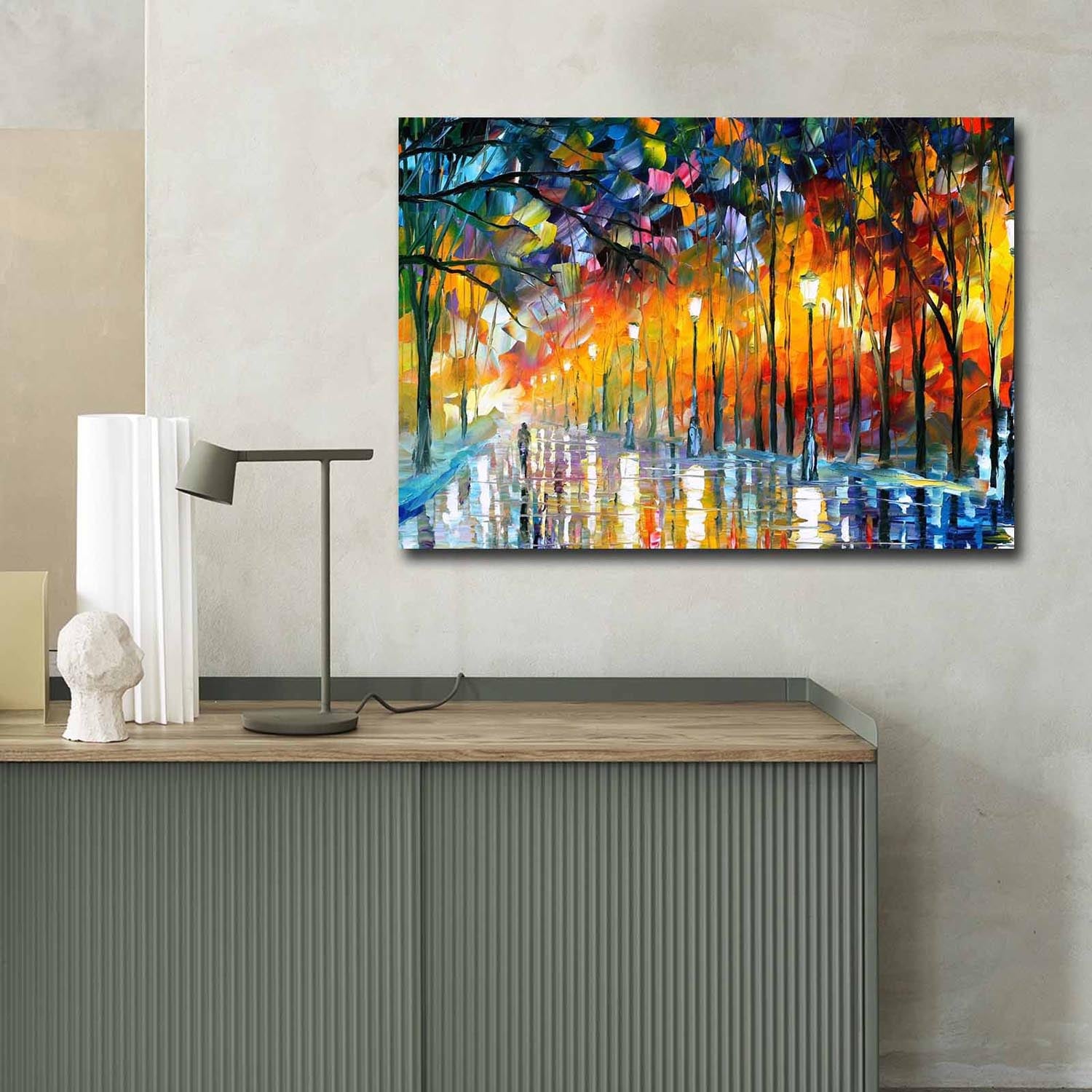 Entdecken Sie das fesselnde Leinwandbild "Misty Mood in the Park" von Leonid Afremov. Verleihen Sie Ihrem Raum mit diesem hochwertigen Kunstwerk aus 100% Wildleder-Leinwand und elegantem Holzrahmen eine ruhige Atmosphäre.