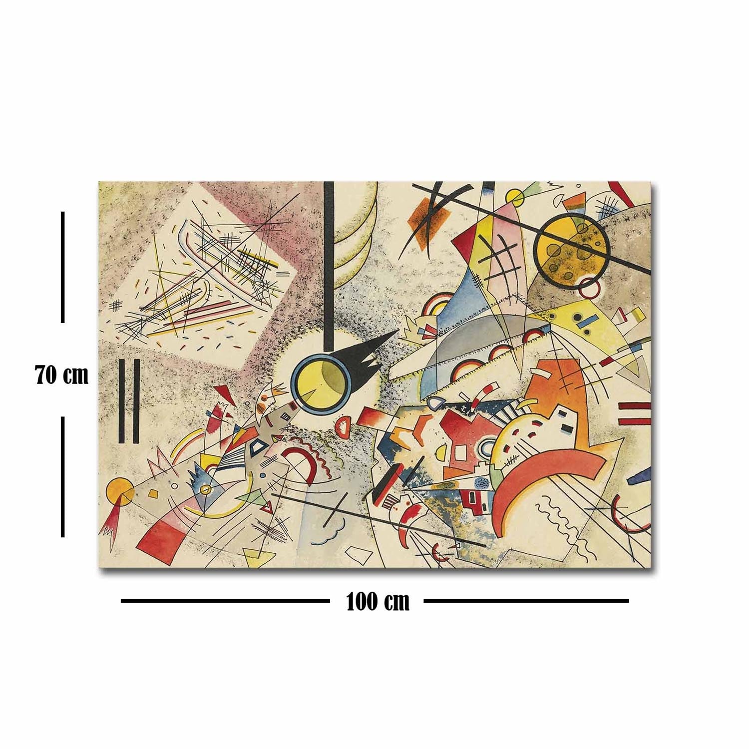 Verleihen Sie Ihrem Zuhause mit dem 70100FAMOUSART Bild von Wallity einen Hauch von Kandinskys zeitloser Kunst. Dieses beeindruckende Leinwandbild in 70 x 100 cm bringt Farbe und Eleganz in jeden Raum.