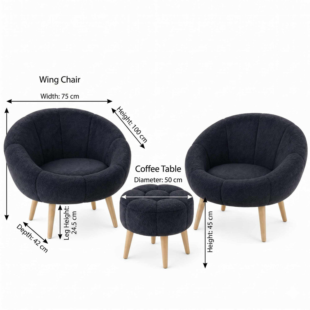 Zwei anthrazitfarbene Ohrensessel mit Wellsoft-Stoffbezug und Eschenholzbeinen sowie passender runder Pouf, 3-teiliges Set.