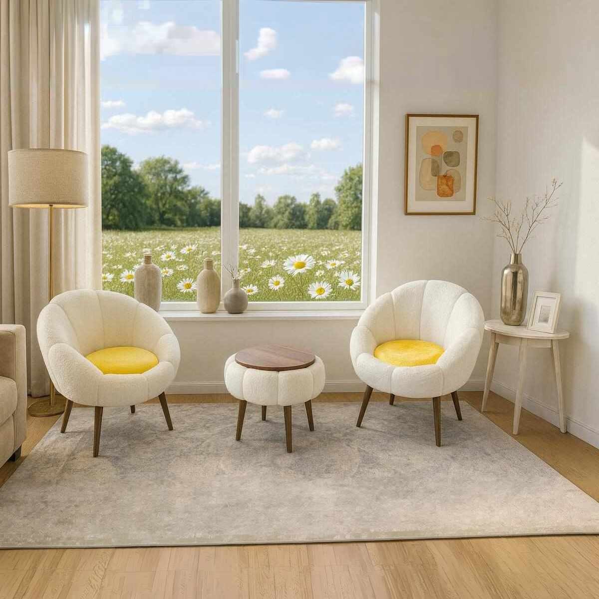 Zwei weisse Ohrensessel aus Leinen mit Eschenholzbeinen und runder Couchtisch mit Melaminplatte, 3-teiliges Set von Hanah Home.