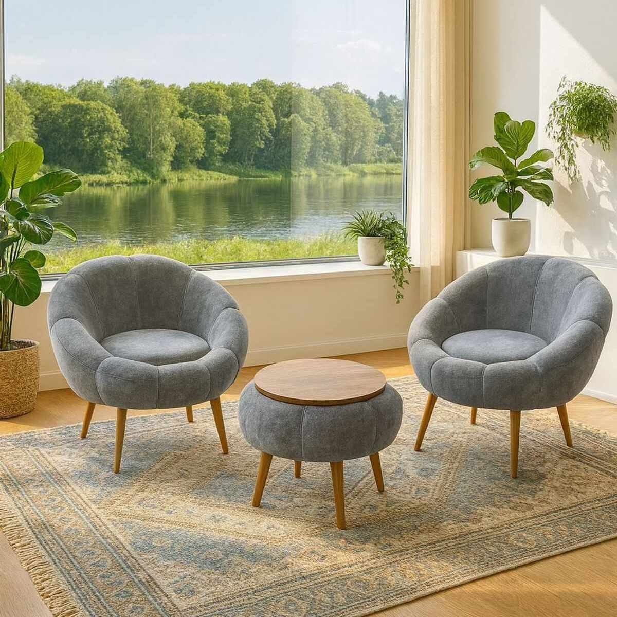 Zwei graue Ohrensessel mit Leinenbezug und Eschenholzbeinen sowie ein runder Couchtisch aus melaminbeschichteter Spanplatte, 3-teiliges Set.