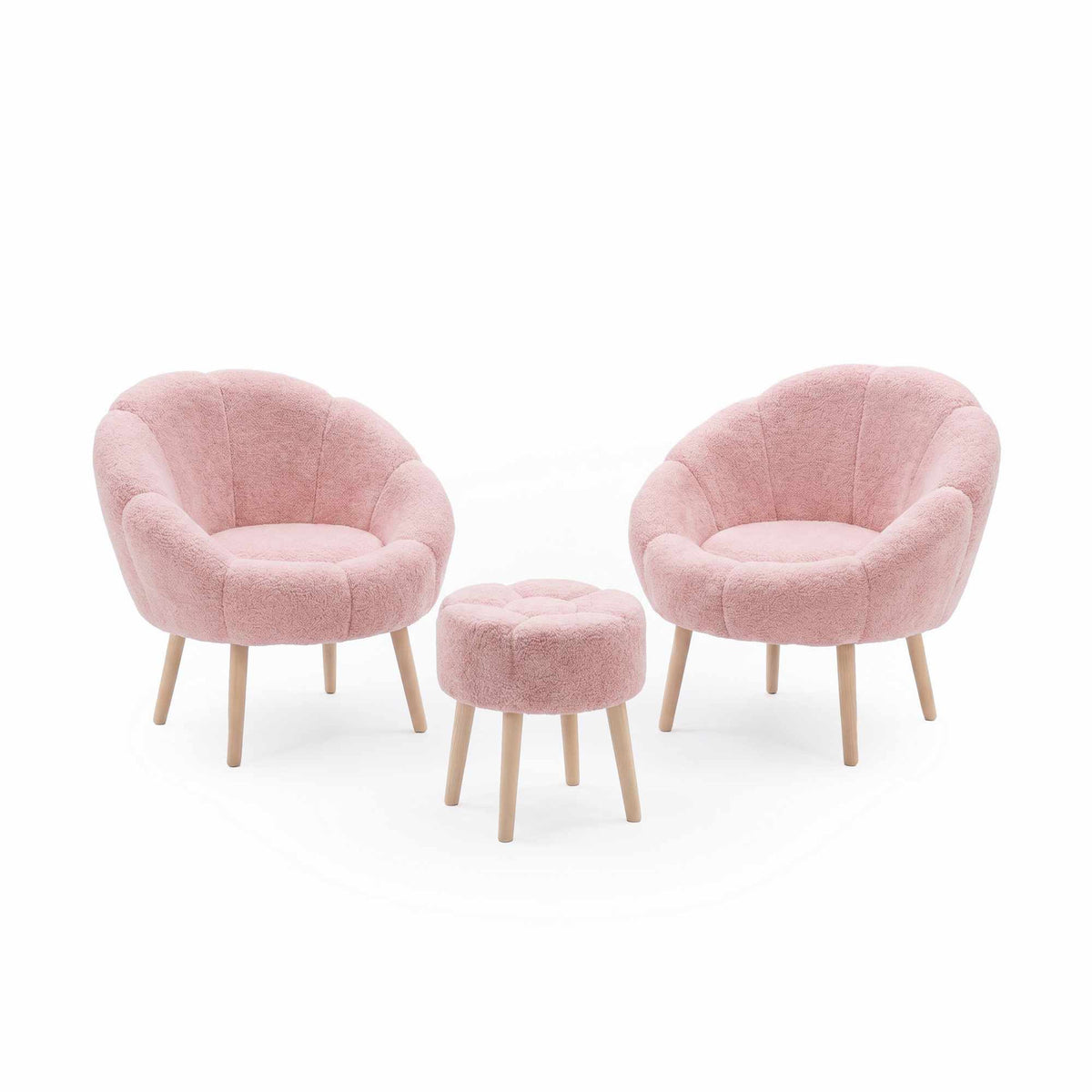 Rosa Ohrensessel-Set mit Pouf aus Wellsoft-Stoff, Eschenholzbeinen und gepolstertem Sitzkissen, dreiteiliges Wohnzimmer-Ensemble von Hanah Home.