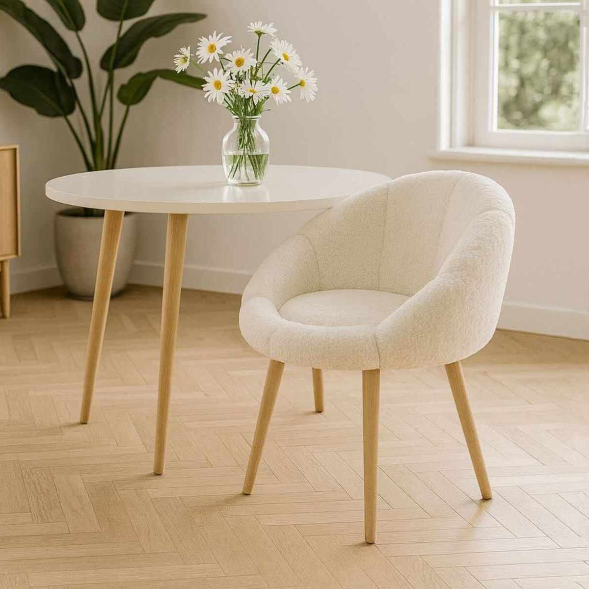 Ohrensessel Papatya von Hanah Home in Weiss und Nussbaum, bezogen mit Wellsoft-Stoff, Esche-Holzbeinen und geschwungener Rückenlehne.