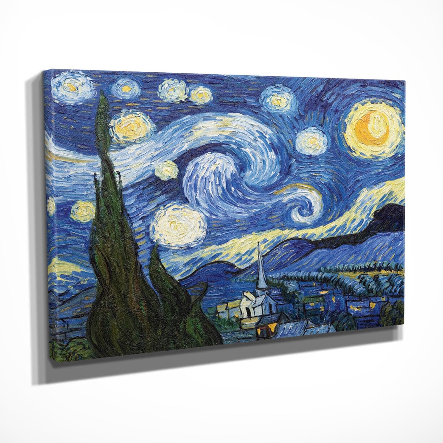 Verleihen Sie Ihrem Raum mit dem mehrfarbigen Leinwandgemälde DC237 von Wallity einen Hauch von Van Goghs <i>Sternennacht</i>. Kunst, die begeistert!