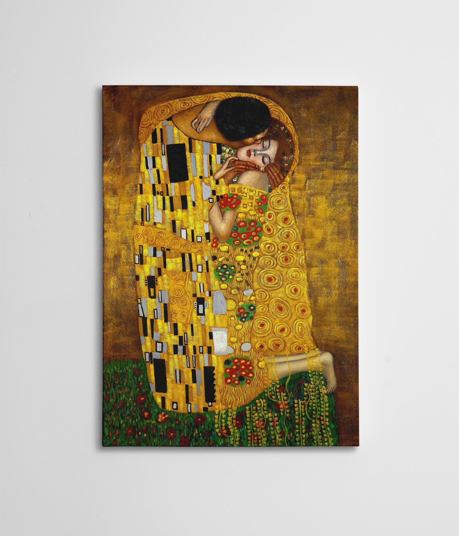 Entdecken Sie die zeitlose Schönheit von Gustav Klimts "Der Kuss"! Dieses 70 x 100 cm große Leinwandbild bringt Eleganz und Emotion in Ihr Zuhause.