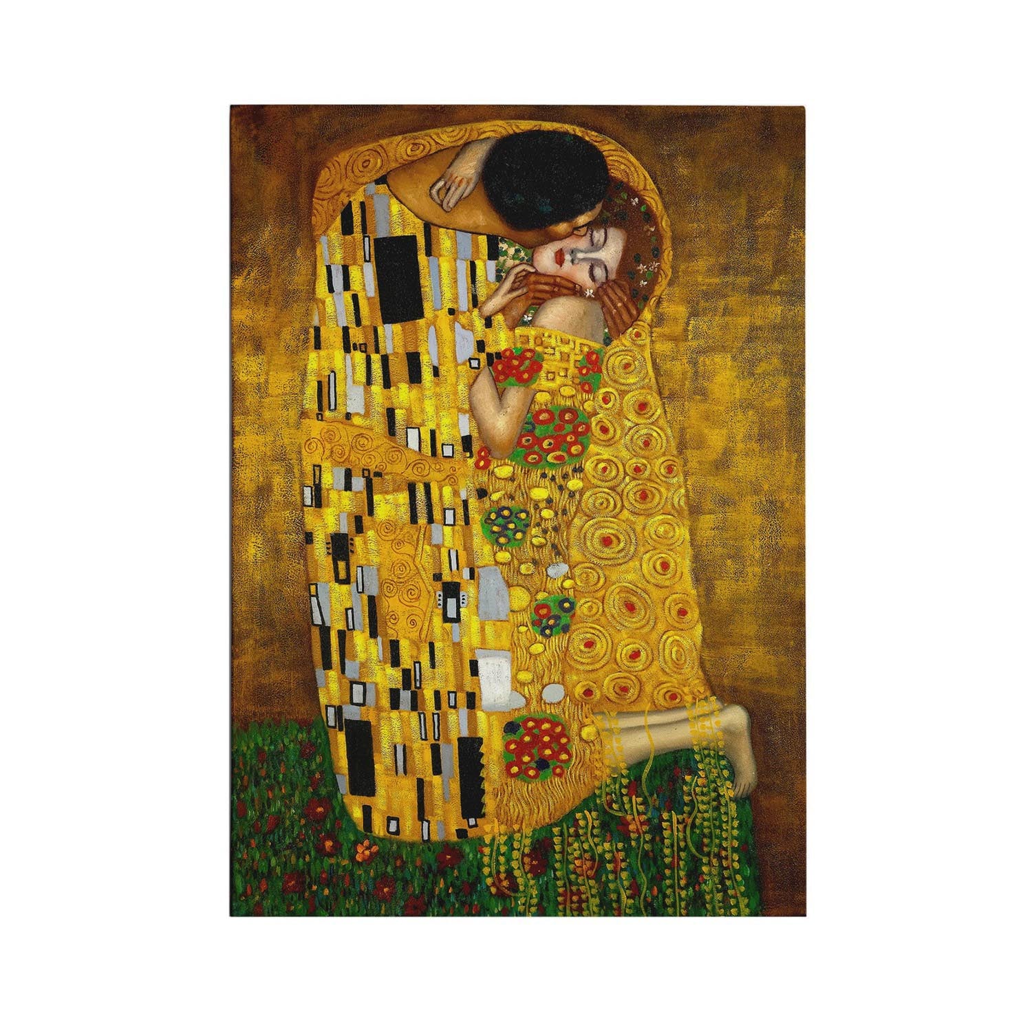 Bringen Sie mit dem 70 x 100 cm großen Leinwandbild "Der Kuss" von Gustav Klimt Leidenschaft und Kunst in Ihr Zuhause. Ein elegantes Highlight!