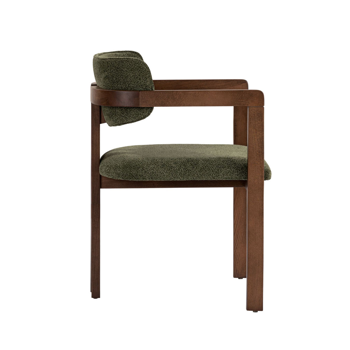 Stuhl mit grünem Chenille-Bezug, Gestell und Beinen aus Buche in Dunkelnussbaum-Optik, gepolstertem Sitz, Rückenlehne und Armlehnen.