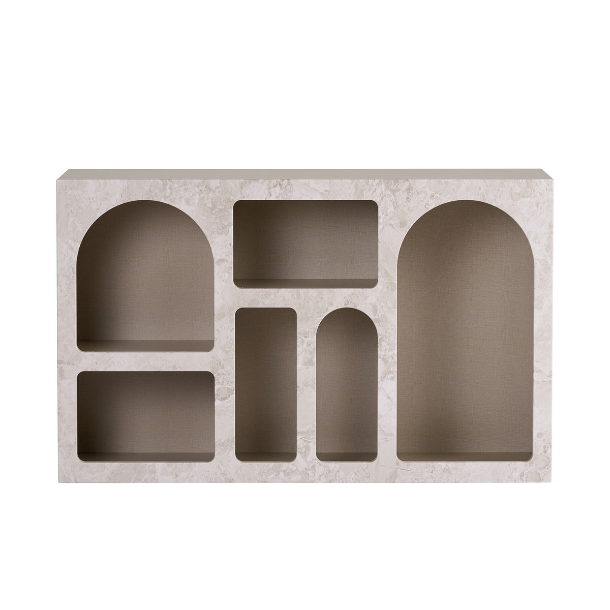Konsolentisch Vian 120 von Nordure mit Front in Travertin-Marmor- und Sandstein-Optik, Korpus aus melaminbeschichteter Spanplatte, Türen aus MDF.