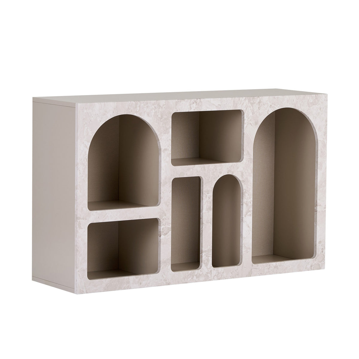 Konsolentisch Vian 120 von Nordure mit Front in Travertin-Marmor- und Sandstein-Optik, Korpus aus melaminbeschichteter Spanplatte, Türen aus MDF.