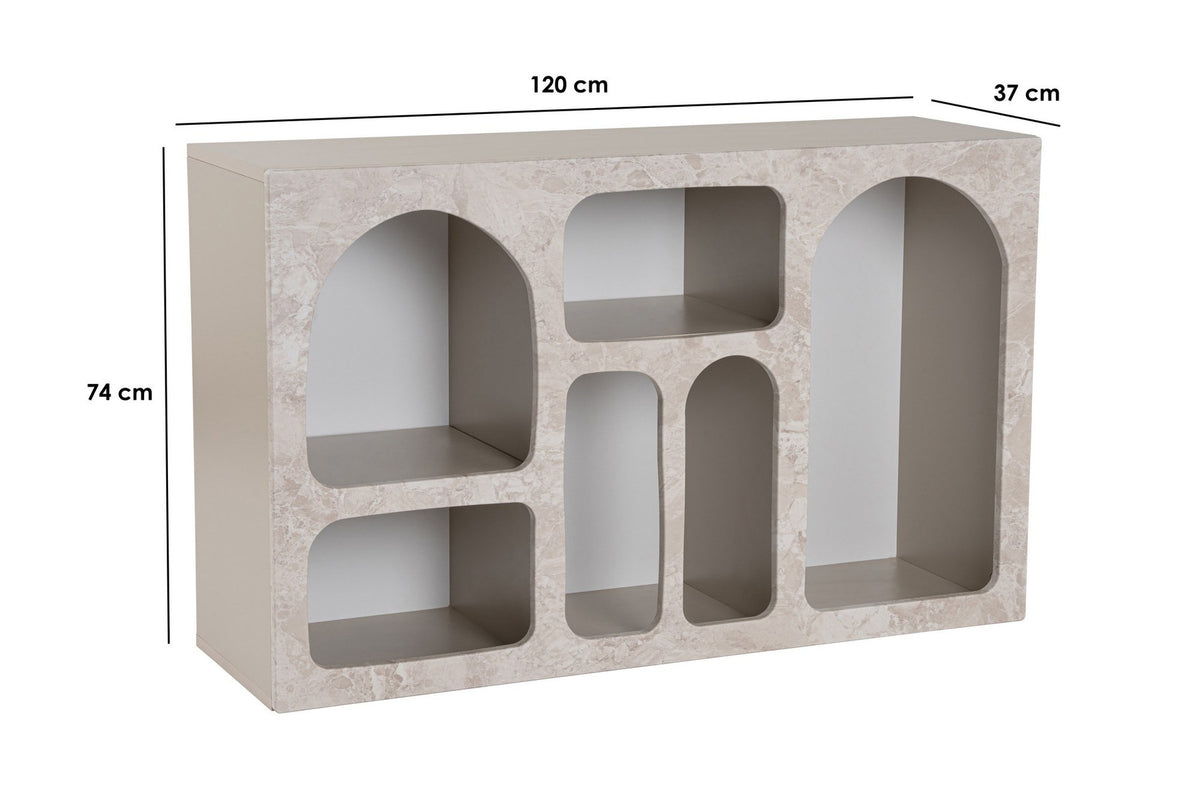 Konsolentisch Vian 120 von Nordure mit Front in Travertin-Marmor- und Sandstein-Optik, Korpus aus melaminbeschichteter Spanplatte, Türen aus MDF.