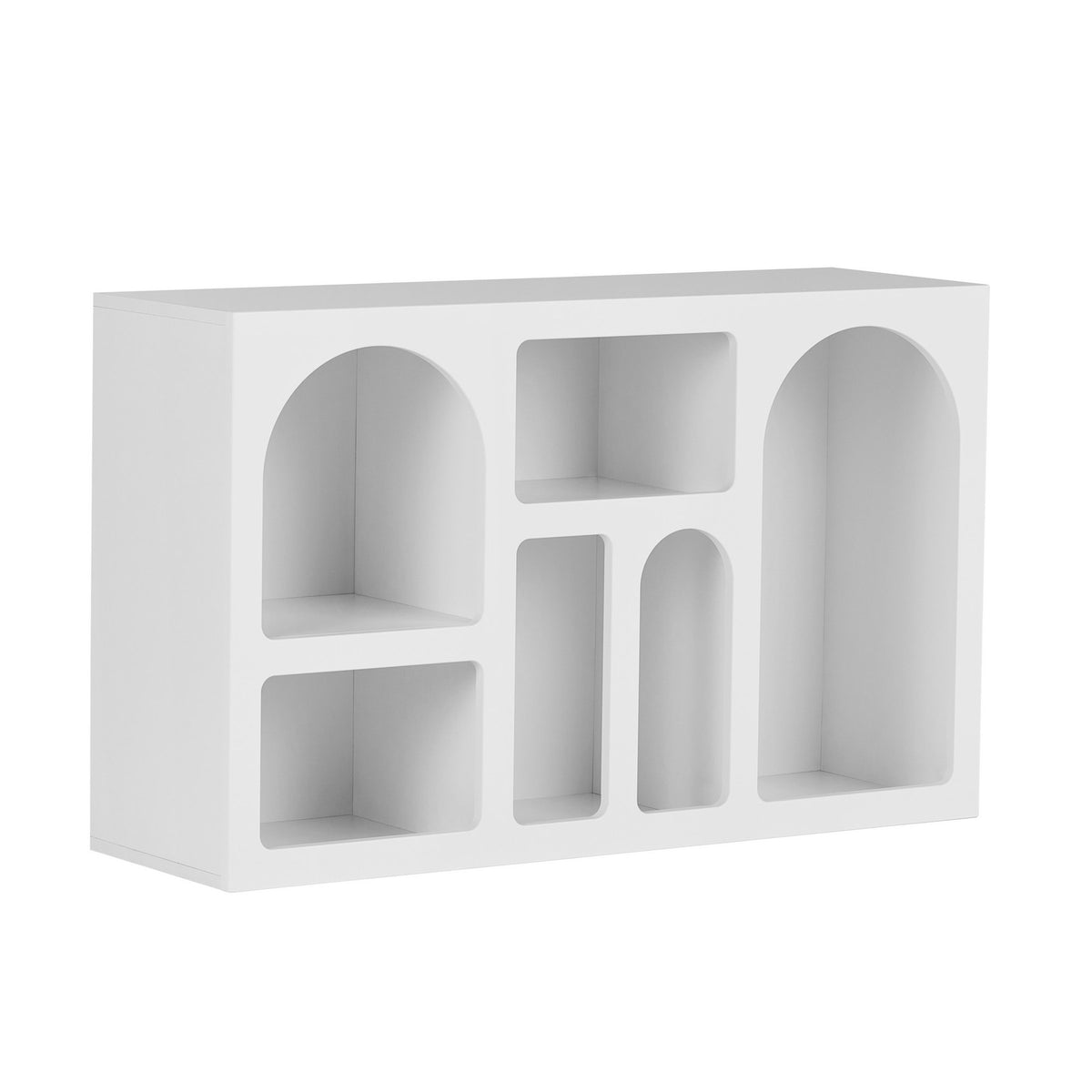 Weisse Konsole Vian 120 von Nordure aus melaminbeschichteter Spanplatte mit MDF-Türen, Masse 120x37x74 cm, schlichtes Design.
