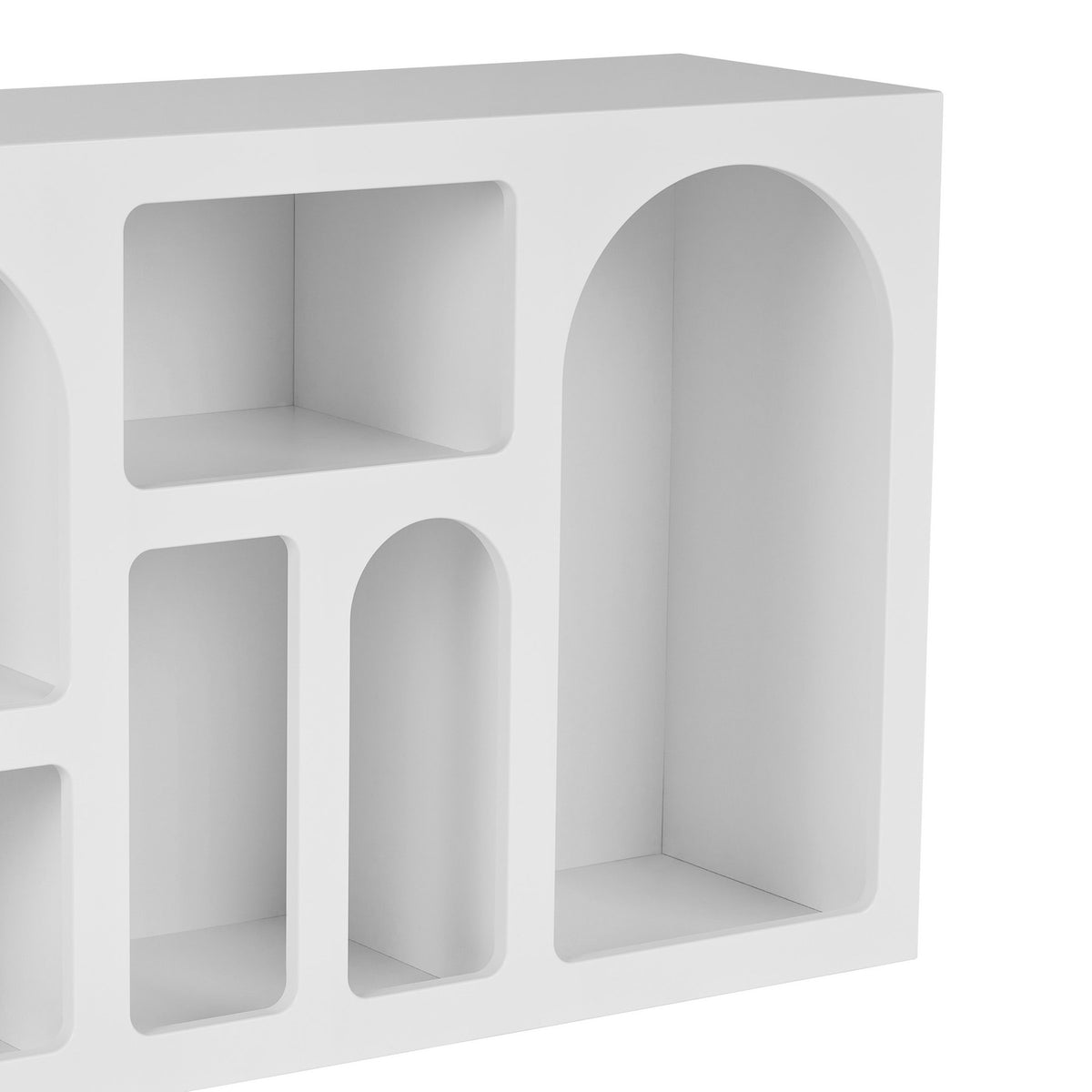 Weisse Konsole Vian 120 von Nordure aus melaminbeschichteter Spanplatte mit MDF-Türen, Masse 120x37x74 cm, schlichtes Design.
