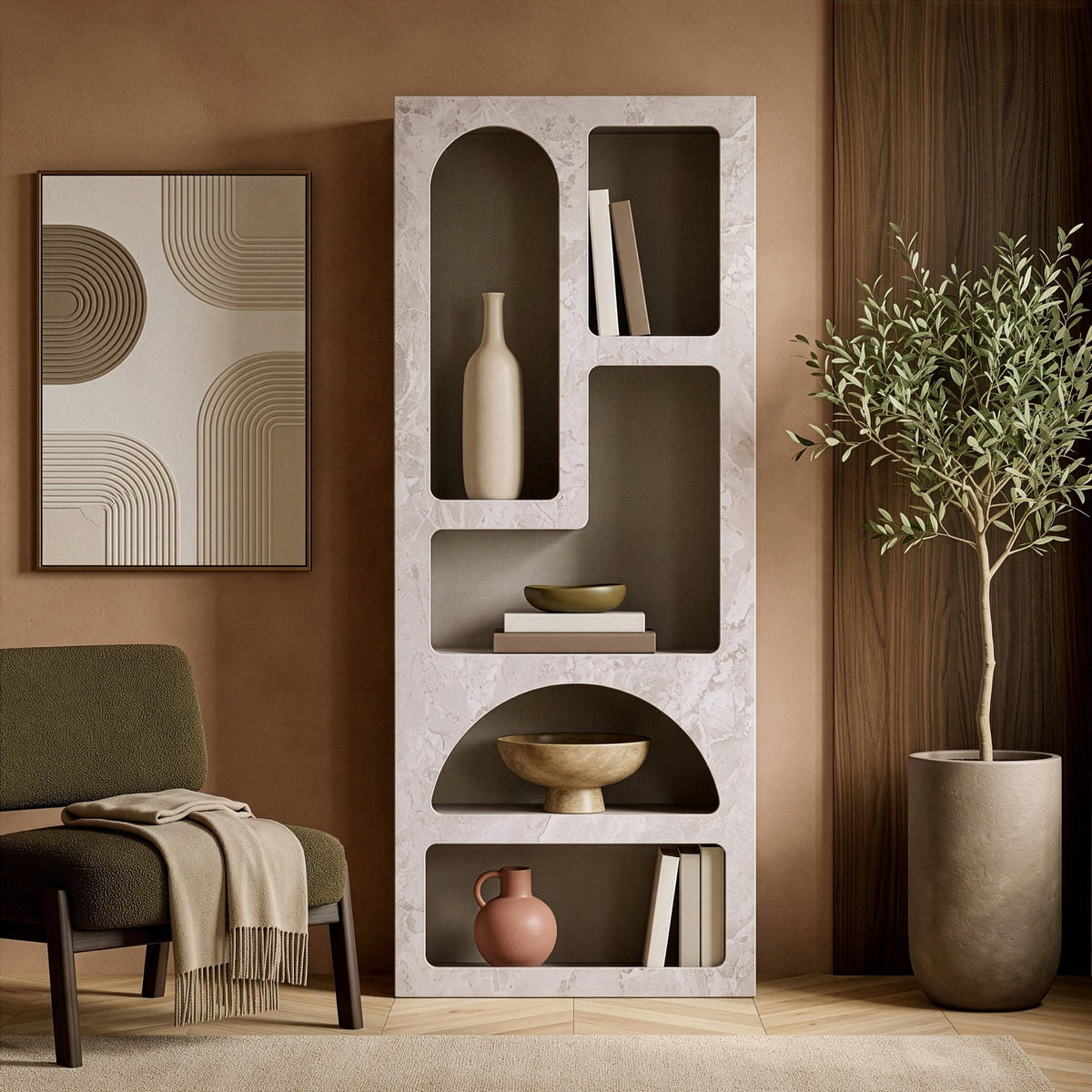 Aria Bücherregal von Nordure in Travertin-Marmor / Sandstein, melaminbeschichtete Spanplatte mit MDF-Türen, schmale Form mit mehreren Fächern.