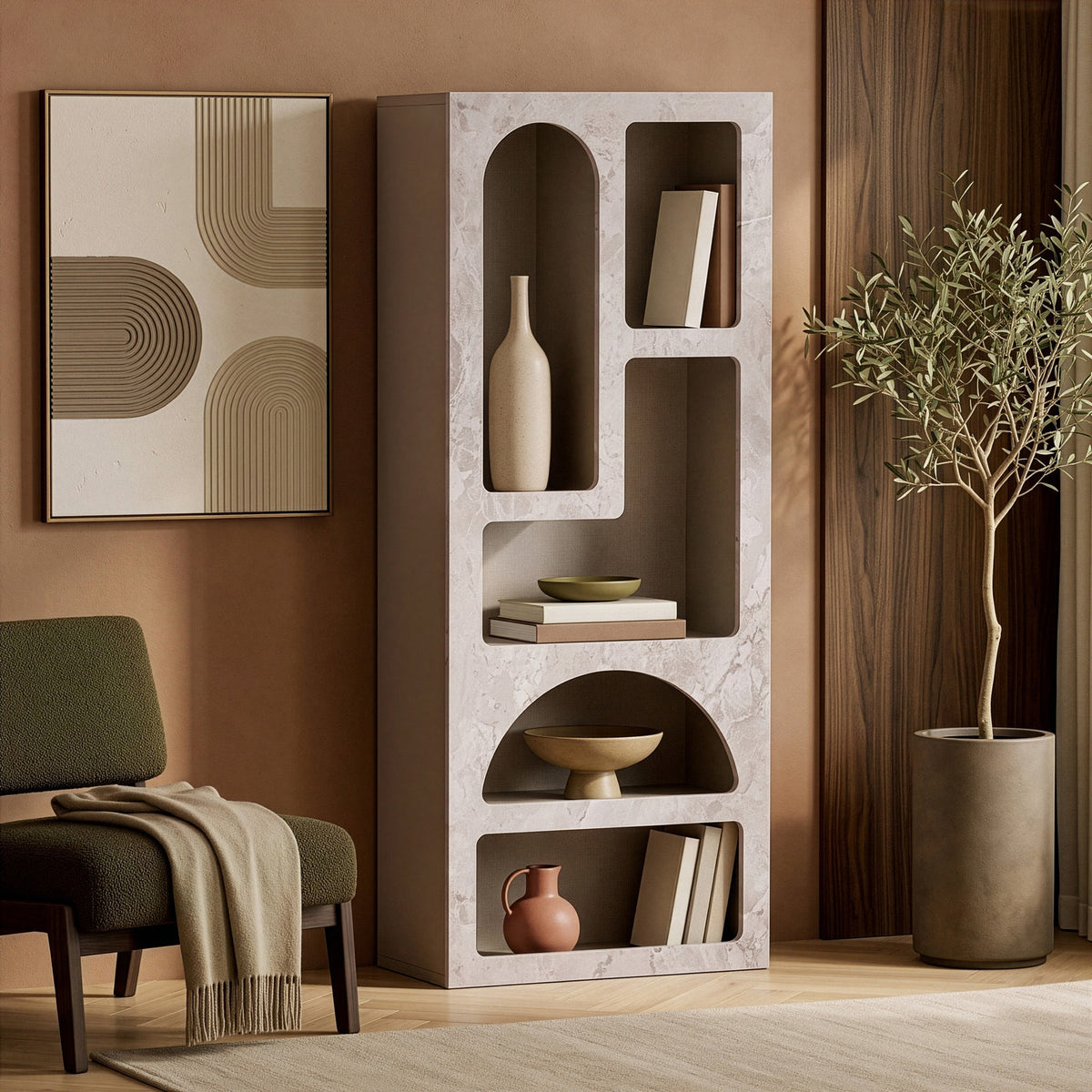 Aria Bücherregal von Nordure in Travertin-Marmor / Sandstein, melaminbeschichtete Spanplatte mit MDF-Türen, schmale Form mit mehreren Fächern.