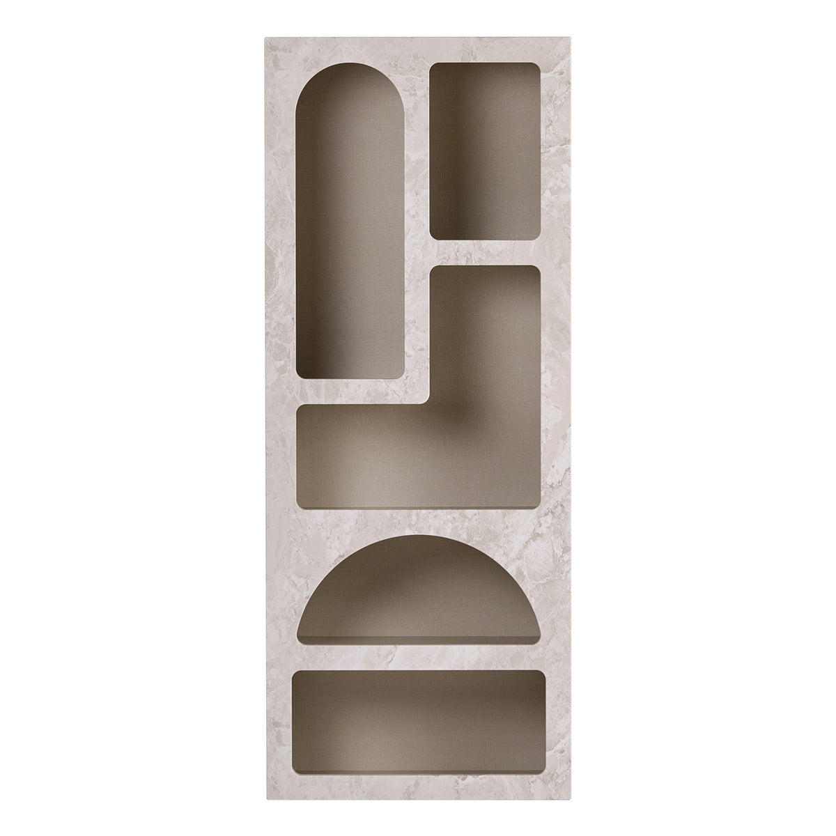 Aria Bücherregal von Nordure in Travertin-Marmor / Sandstein, melaminbeschichtete Spanplatte mit MDF-Türen, schmale Form mit mehreren Fächern.
