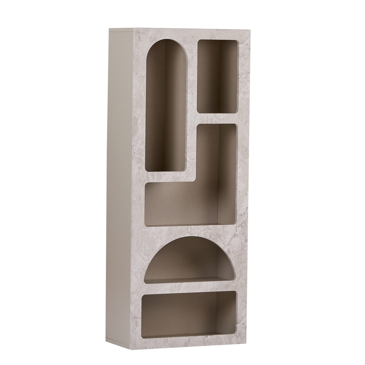Aria Bücherregal von Nordure in Travertin-Marmor / Sandstein, melaminbeschichtete Spanplatte mit MDF-Türen, schmale Form mit mehreren Fächern.