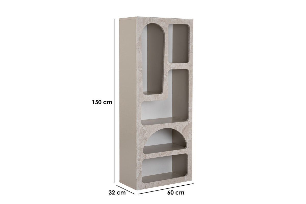 Aria Bücherregal von Nordure in Travertin-Marmor / Sandstein, melaminbeschichtete Spanplatte mit MDF-Türen, schmale Form mit mehreren Fächern.