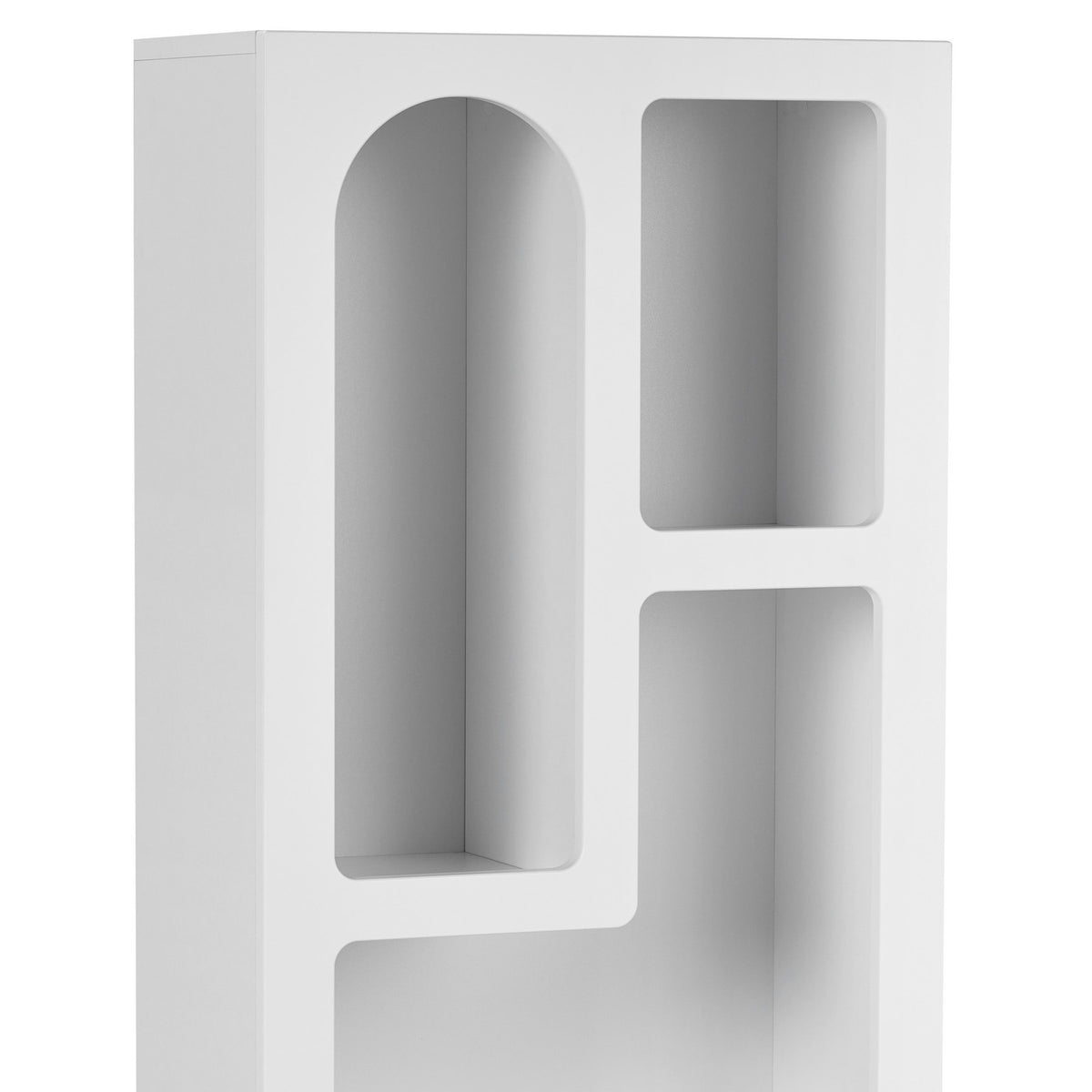 Weisses Bücherregal aus melaminbeschichteter Spanplatte mit MDF-Türen, Masse 60 x 32 x 150 cm, mit mehreren offenen Fächern für Bücher und Dekoration.