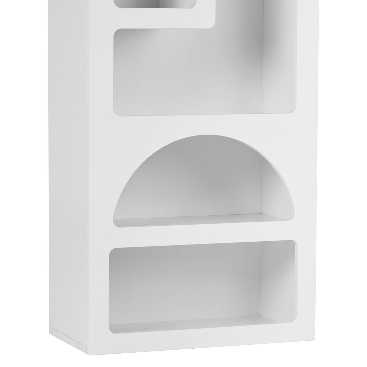 Weisses Bücherregal aus melaminbeschichteter Spanplatte mit MDF-Türen, Masse 60 x 32 x 150 cm, mit mehreren offenen Fächern für Bücher und Dekoration.