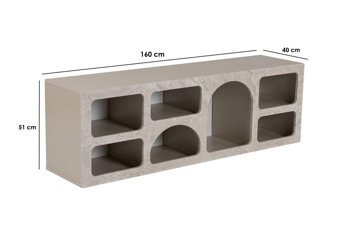 Konsolentisch Vega von Nordure mit Platte in Travertin-Marmor-Optik und Sandstein-Farbton, schlankes Gestell aus Spanplatte, Frontalansicht.