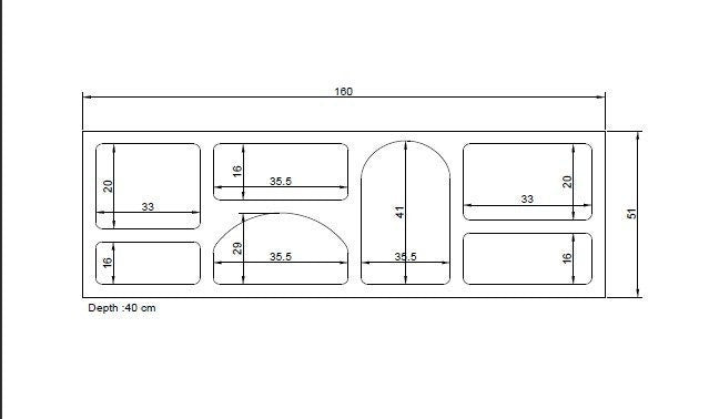 Weisse Konsole aus melaminbeschichteter Spanplatte mit zwei offenen Ablagefächern, schlichtes rechteckiges Design, Breite 160 cm.