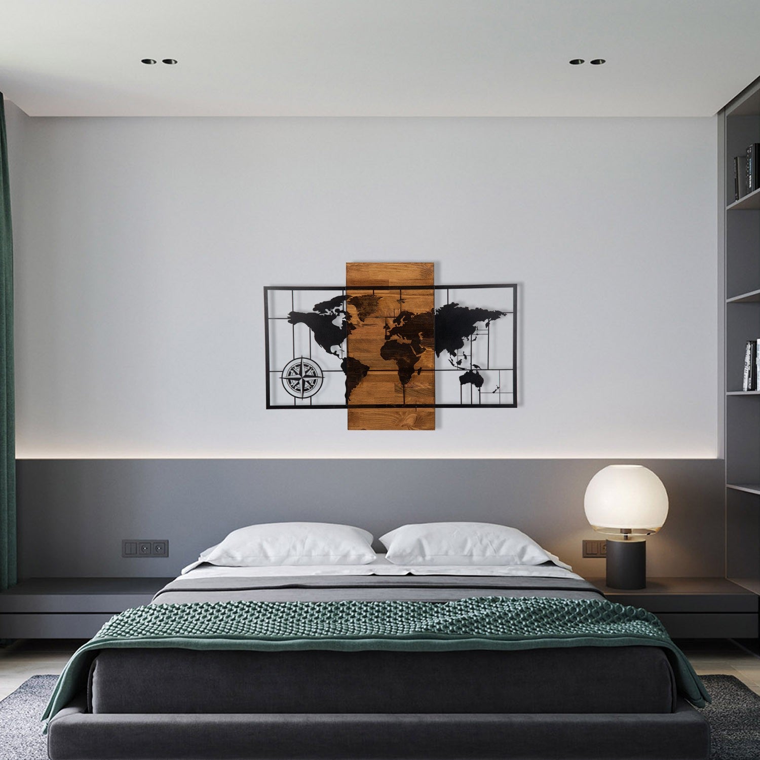 Verleihen Sie Ihrem Raum mit der eleganten World Map With Compass Wanddeko von Wallity in edlem Schwarznuss einen Hauch von Abenteuer und Stil!