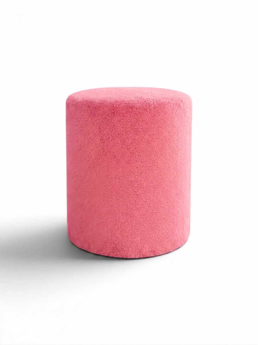 Runder rosa Pouf mit Wellsoft-Bezug, Spanplatten-Sitzfläche und Kunststoffbeinen, Durchmesser 40 cm, Höhe 45 cm, Hersteller Hanah Home.