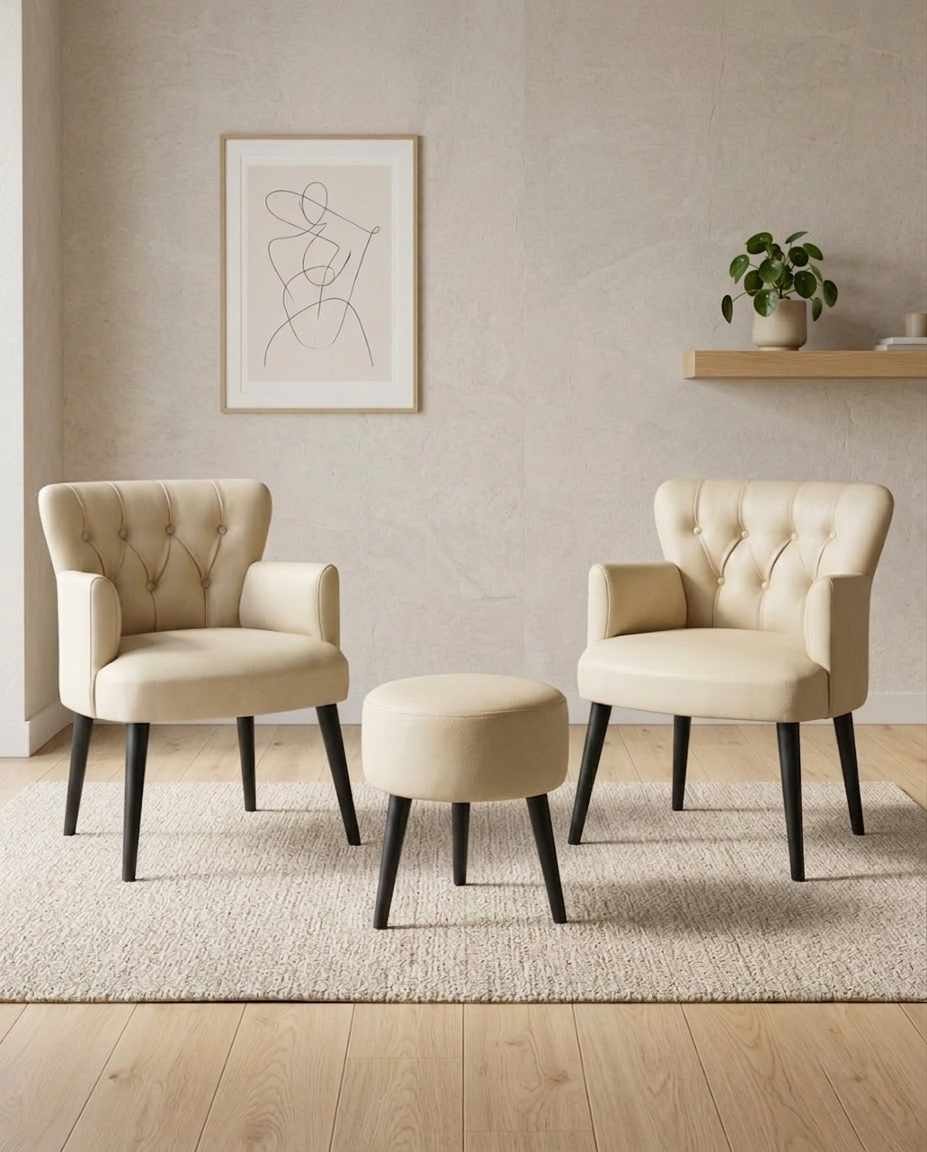 Zwei cremefarbene Ohrensessel mit passendem Hocker aus PU-Leder, Hainbuche-Beinen und gepolsterter Sitzfläche im Wohnraum.