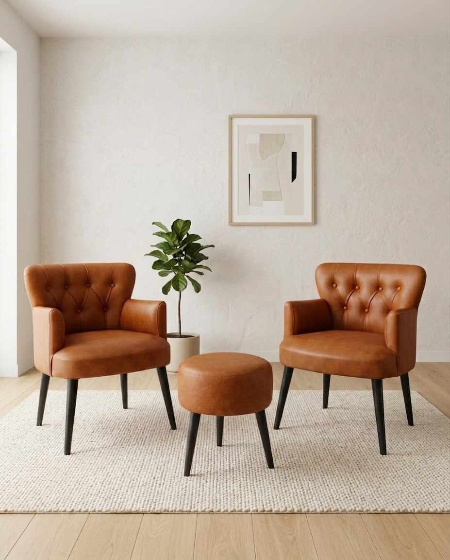 Zwei Ohrensessel und ein runder Hocker aus sandbraunem PU-Leder mit Beinen aus Hainbuche, dreiteiliges Set von Hanah Home.
