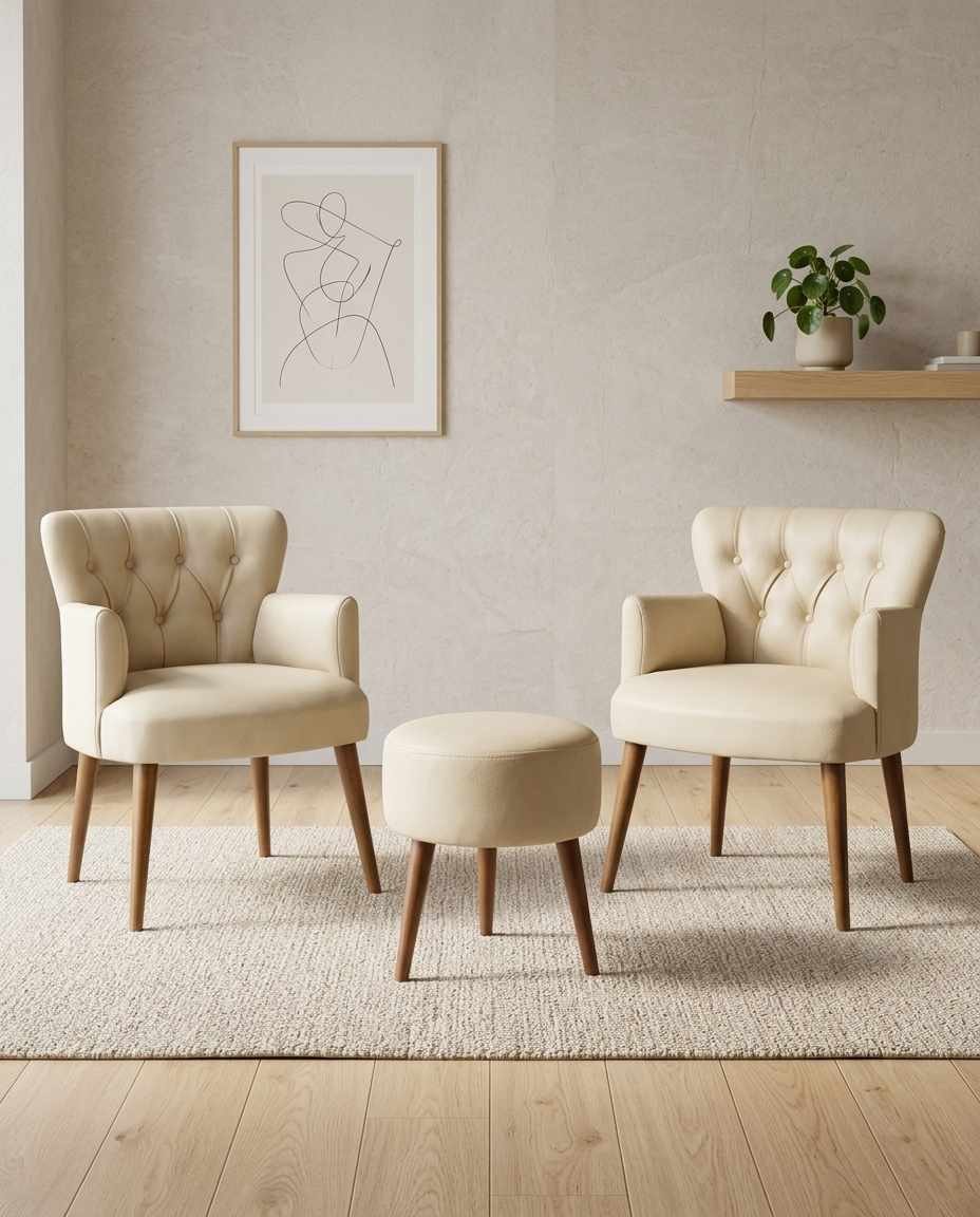 Zwei cremefarbene Ohrensessel aus PU-Leder mit Hainbuche-Beinen und ein passender runder Hocker, dreiteiliges Set von Hanah Home.