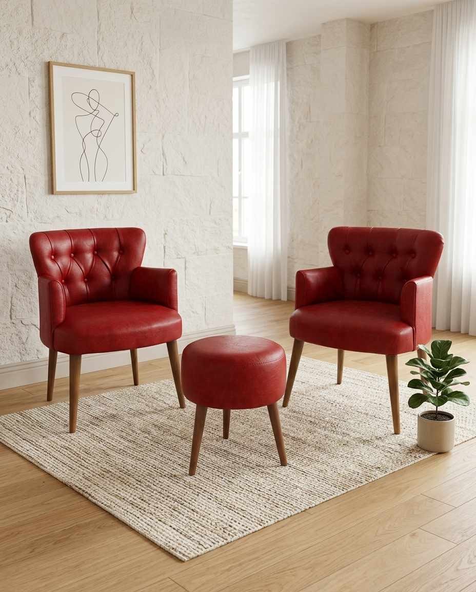 Roter Ohrensessel mit Hocker aus PU-Leder, Sitzfläche aus melaminbeschichteter Spanplatte, Beine aus Hainbuche, Hanah Home 3-teiliges Set.