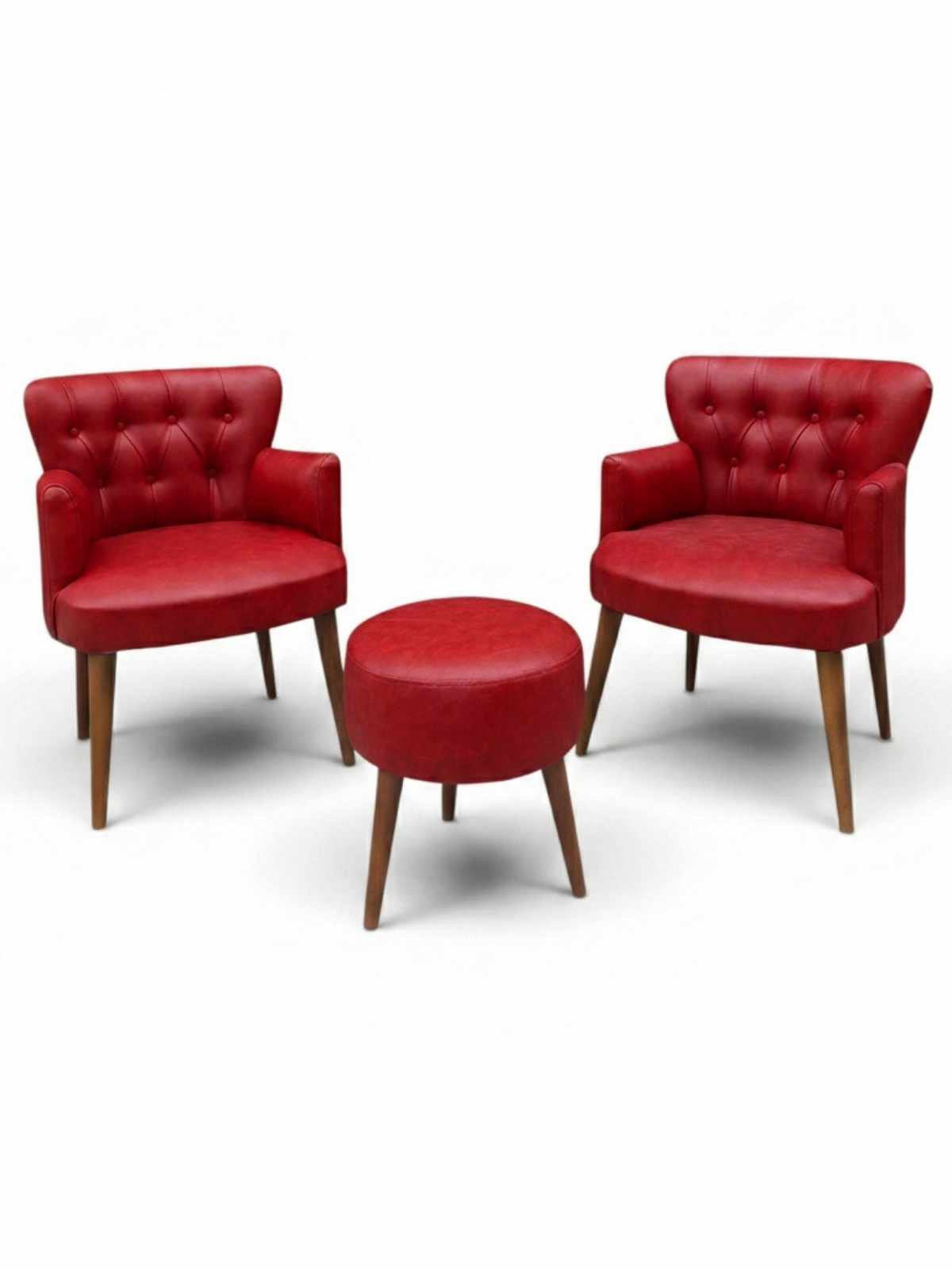 Roter Ohrensessel mit Hocker aus PU-Leder, Sitzfläche aus melaminbeschichteter Spanplatte, Beine aus Hainbuche, Hanah Home 3-teiliges Set.