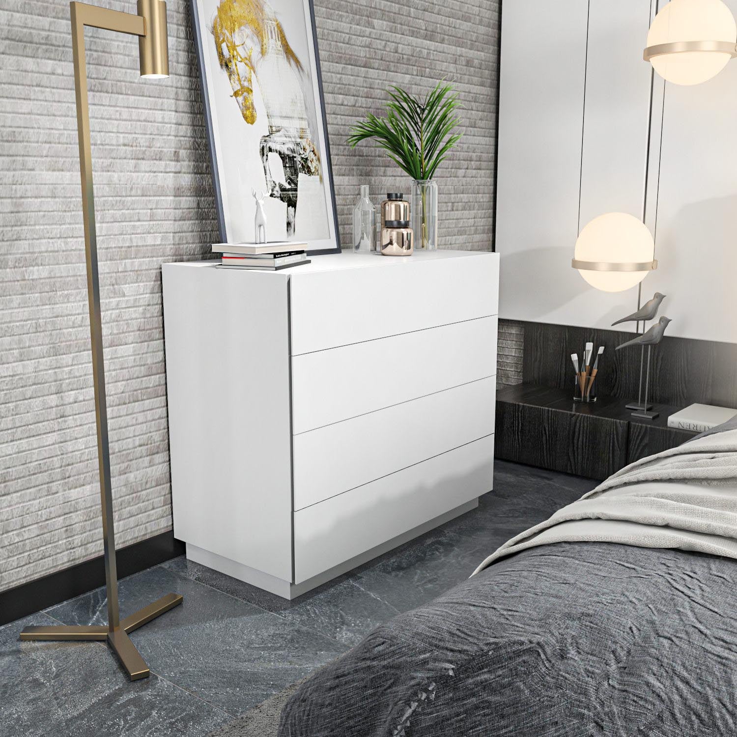 Verleihen Sie Ihrem Schlafzimmer mit der Lines Kommode in Weiß von Hanah Home einen modernen Touch. Funktionalität trifft auf elegantes Design.