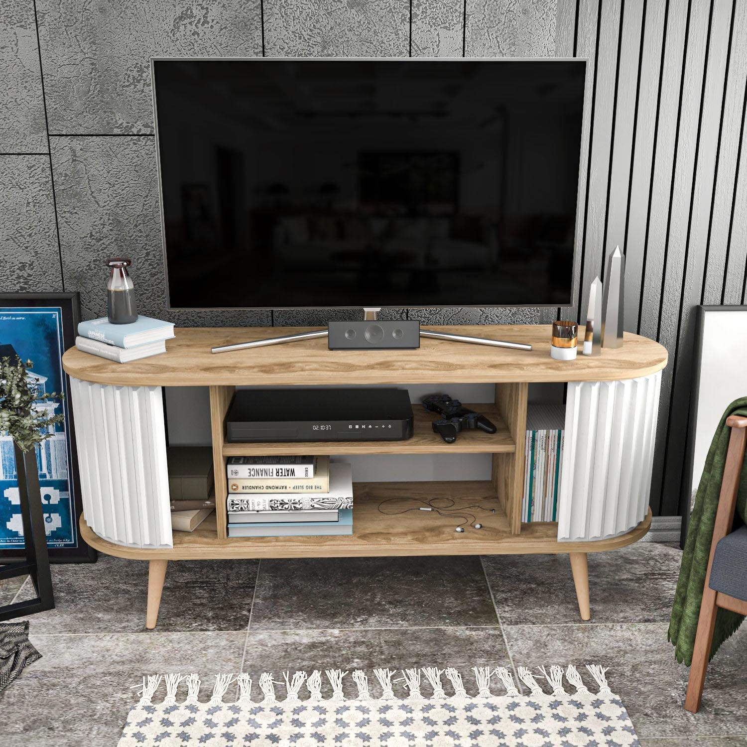 Gestalten Sie Ihr Zuhause mit dem stilvollen Stor Sideboard in Oud Eiche Weiss von Hanah Home – ideal für modernes Wohnen und optimalen Stauraum.