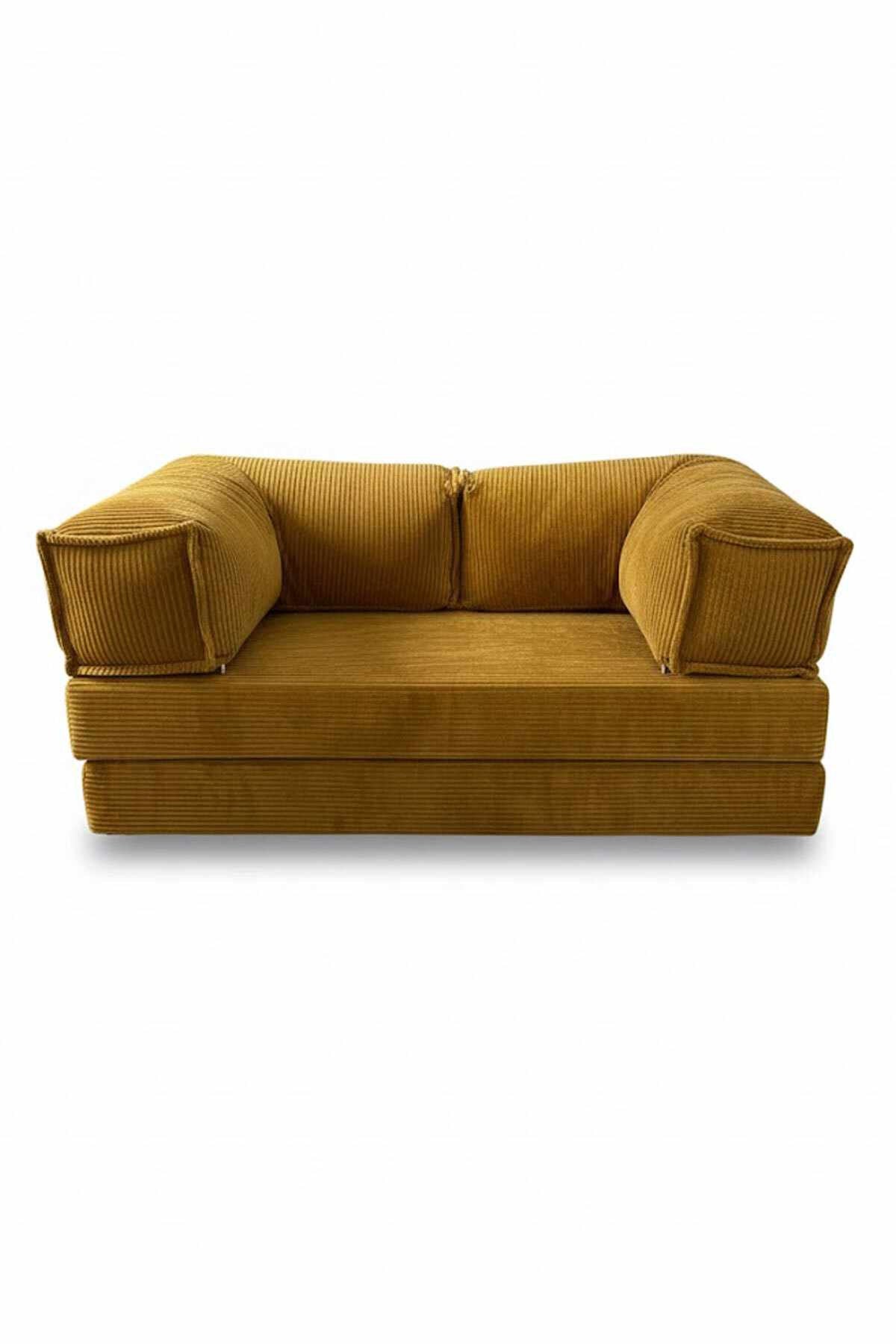 Senfgelbes 2-Sitzer Sofa Milano von Hanah Home mit Bezug aus Polyester und Leinen, zwei Kissen, schlankes Design mit Holzfüssen