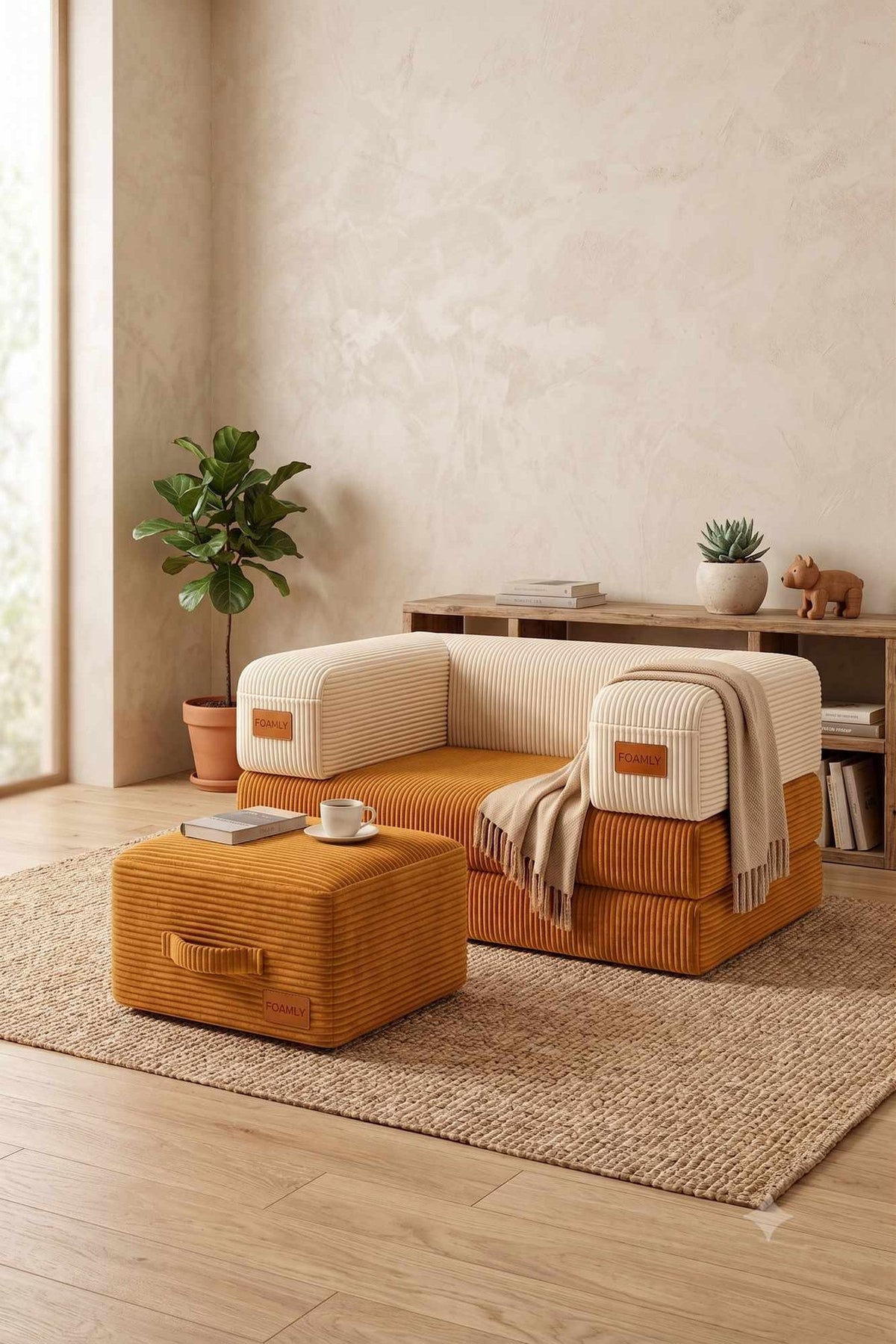 Foto eines 1-Sitzer Sofas mit passendem Pouf in Senfgelb und Creme, Bezug aus Polyester und Leinen, kompaktes rundes Design.
