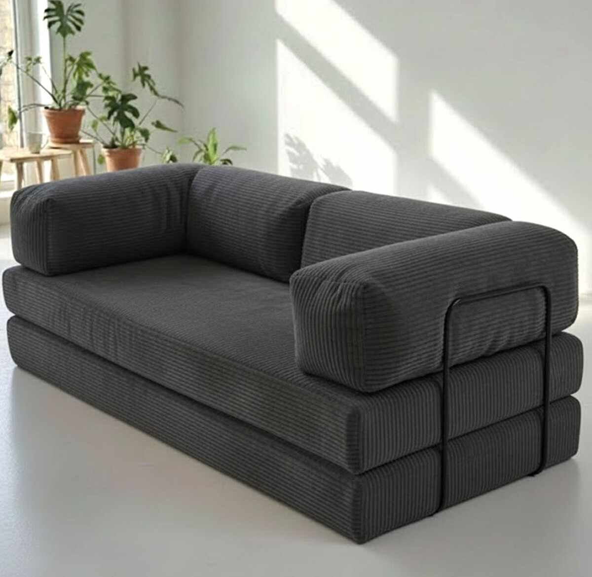 Graues 3-Sitzer Sofa Inci in Fume von Hanah Home mit Polyester-Leinen-Bezug, zwei Kissen und sichtbaren Eisenstützstreben im Wohnraum.