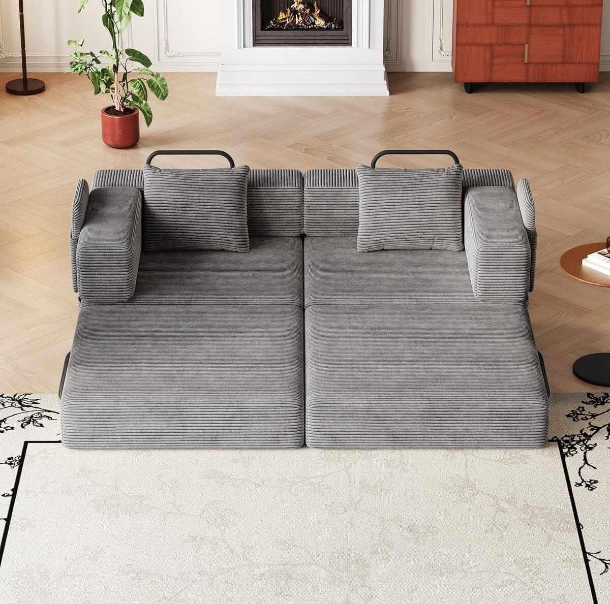 Graues 3-Sitzer Schlafsofa von Hanah Home aus Polyester-Leinen-Stoff mit Eisen-Stützstreben, zwei Kissen und rutschfester Sohle.