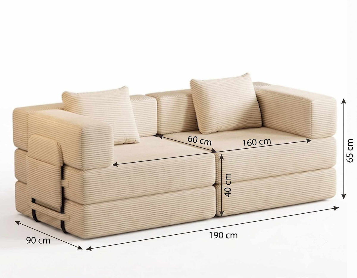 Cremefarbenes 3-Sitzer Schlafsofa aus Polyester/Leinen mit Eisengestell, zwei Kissen und ausziehbarer Liegefläche in Türkei produziert.