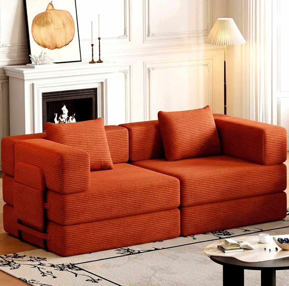 Ziegelrotes 3-Sitzer Schlafsofa aus Polyester-Leinen-Stoff mit Eisengestell, zwei Kissen und sichtbarer Sitz- sowie Liegefläche.