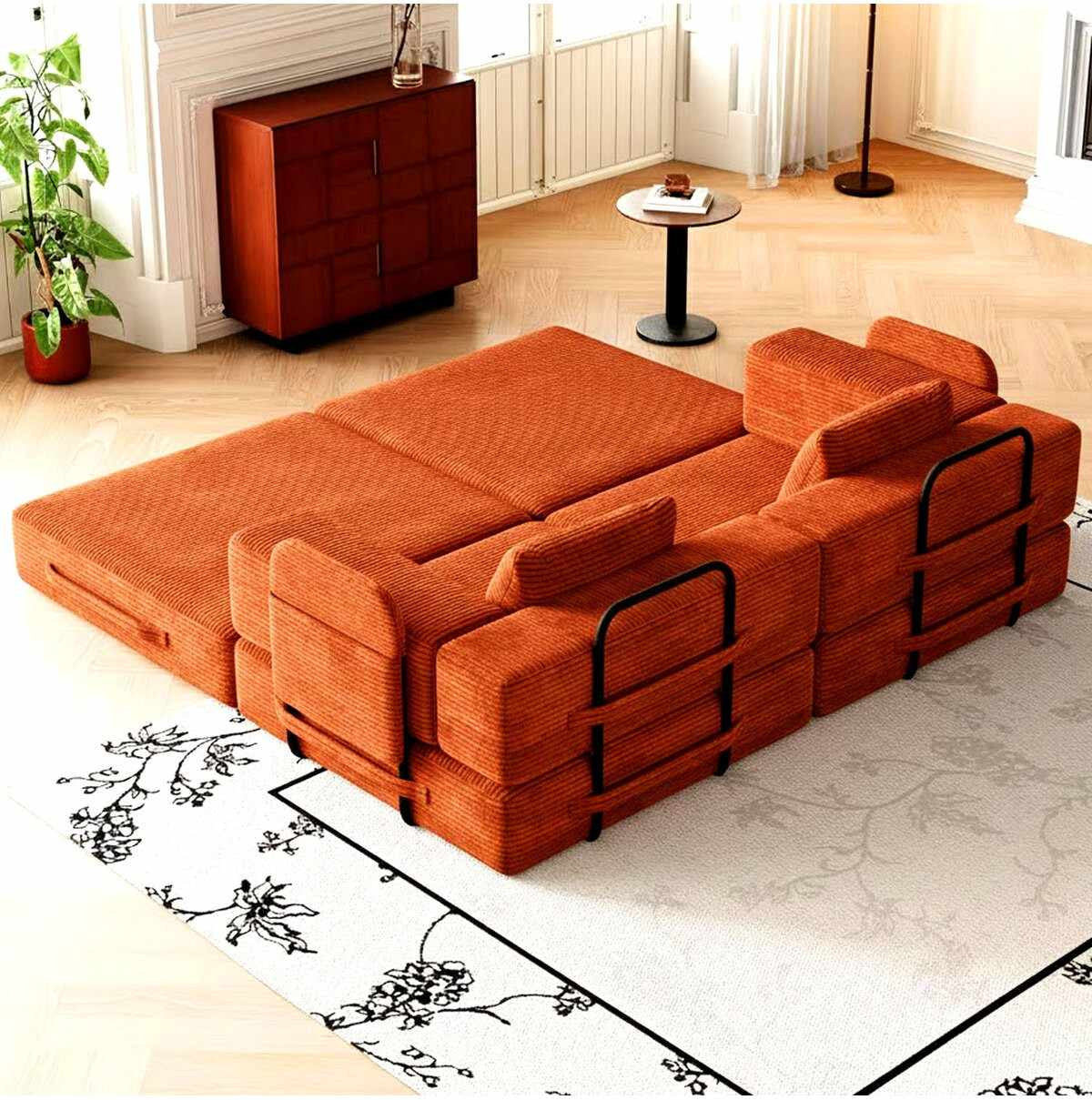 Ziegelrotes 3-Sitzer Schlafsofa aus Polyester-Leinen-Stoff mit Eisengestell, zwei Kissen und sichtbarer Sitz- sowie Liegefläche.