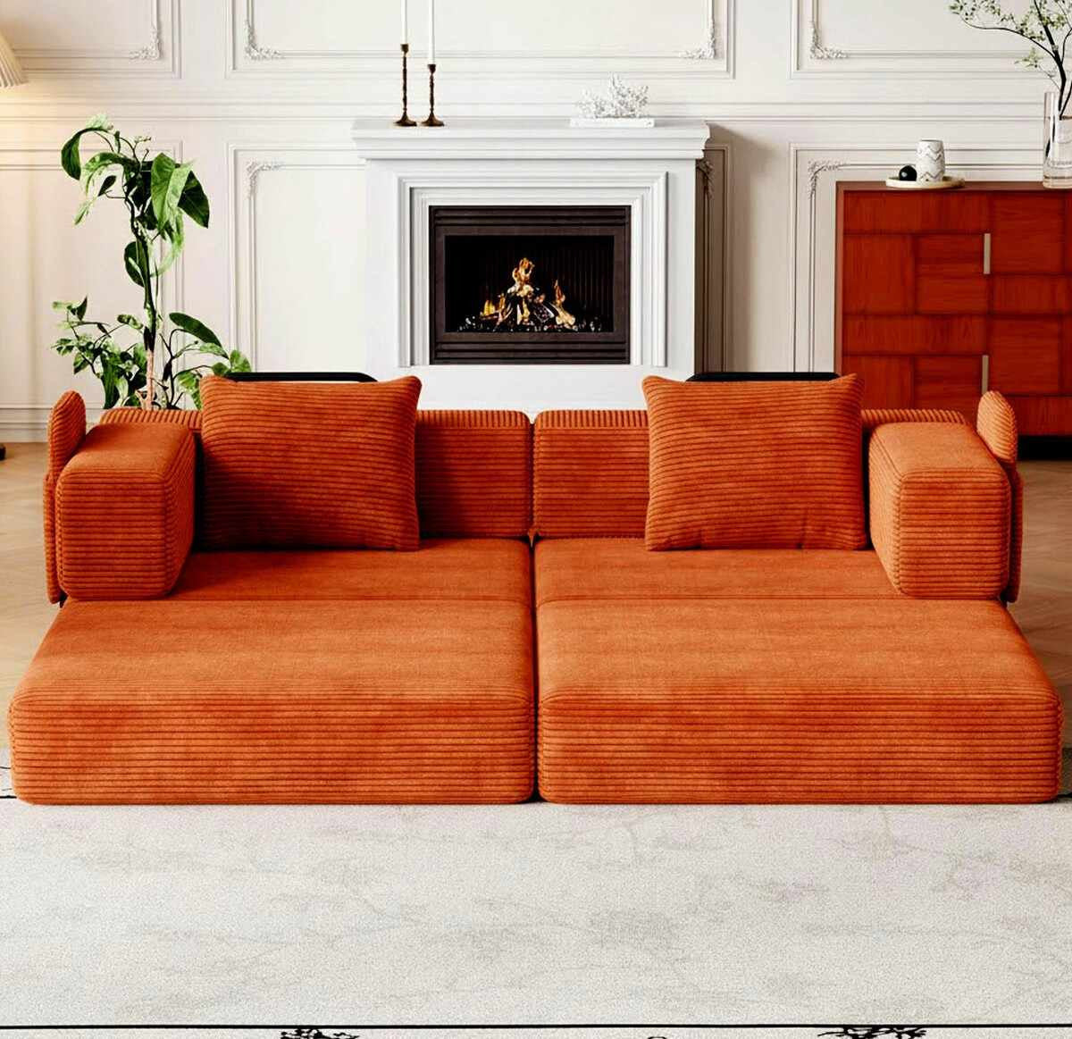 Ziegelrotes 3-Sitzer Schlafsofa aus Polyester-Leinen-Stoff mit Eisengestell, zwei Kissen und sichtbarer Sitz- sowie Liegefläche.