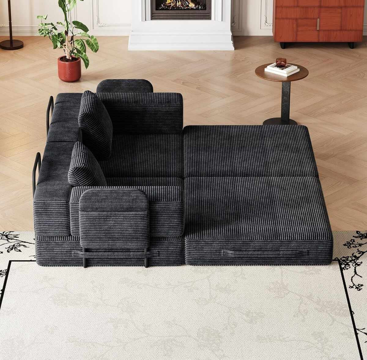 Schwarzes 3-Sitzer Schlafsofa aus Polyester-Leinen-Stoff mit zwei Kissen, schlichtes Design, ausgeklappt als Liegefläche sichtbar.
